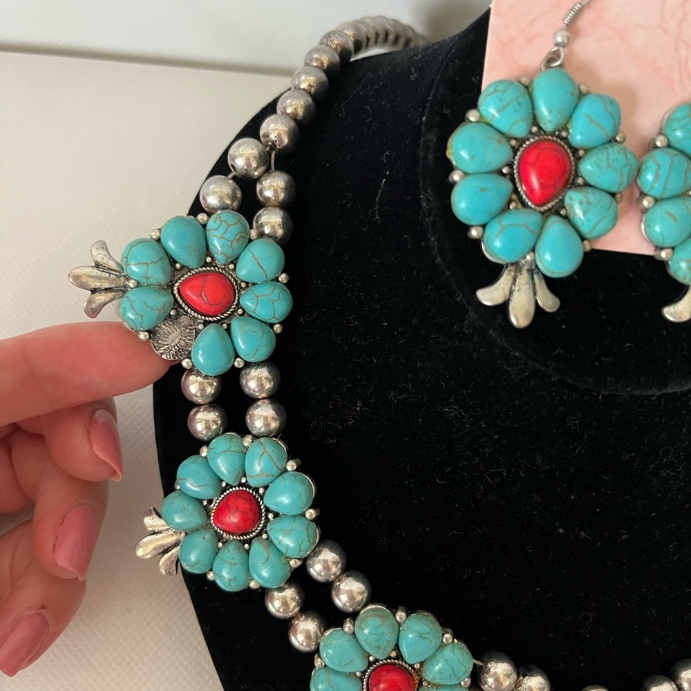 Squash Blossom Faux Turquoise Necklace & Earrings Set - Picture 2 of 4